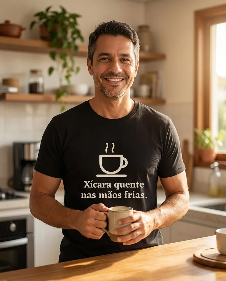 Homem vestindo a camiseta escura com a arte Xícara quente nas mãos frias